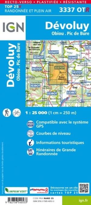 Carte TOP 25 n° 3337 OTR (résistante) - Massif de Dévoluy, Obiou & Pic de Bure (Alpes) | IGN carte pliée IGN 