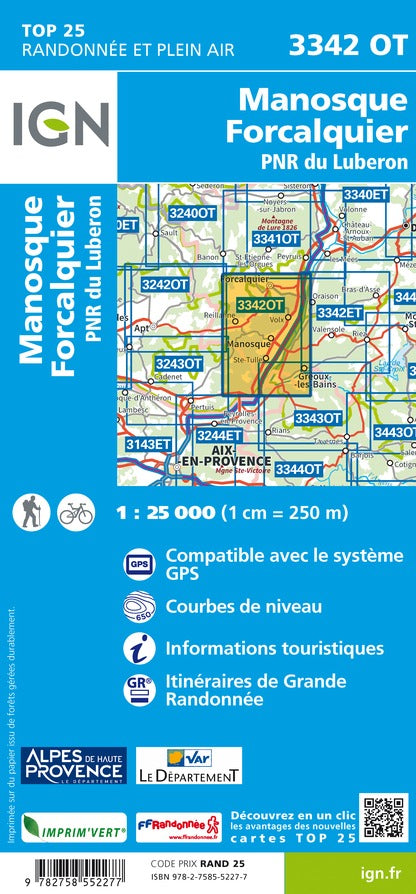 Carte TOP 25 n° 3342 OT - Manosque et Forcalquier (PNR du Lubéron) | IGN carte pliée IGN 