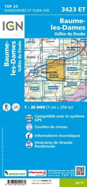 Carte TOP 25 n° 3423 ET - Baume-les-Dames, Vallée du Doubs | IGN carte pliée IGN 