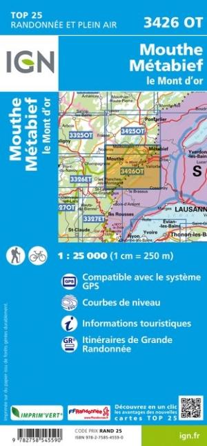 Carte TOP 25 n° 3426 OT - Mouthe, Métabief, Le Mont d'Or | IGN carte pliée IGN 