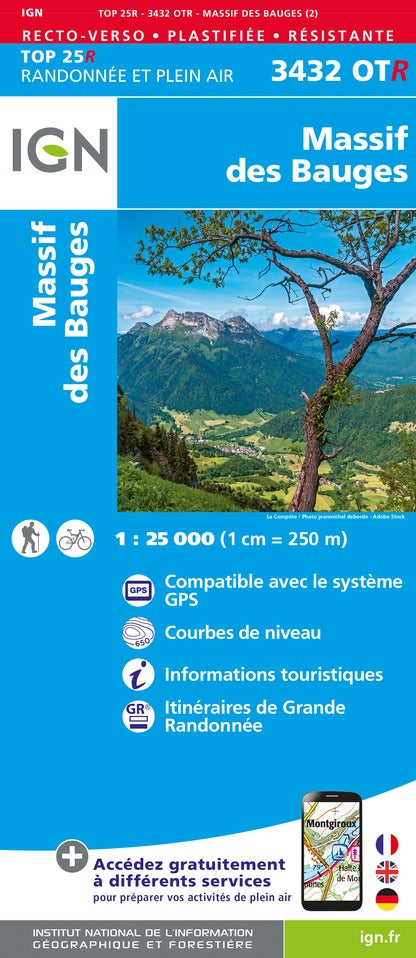 Carte TOP 25 n° 3432 OTR (résistante) - Massif des Bauges (Alpes) | IGN carte pliée IGN 