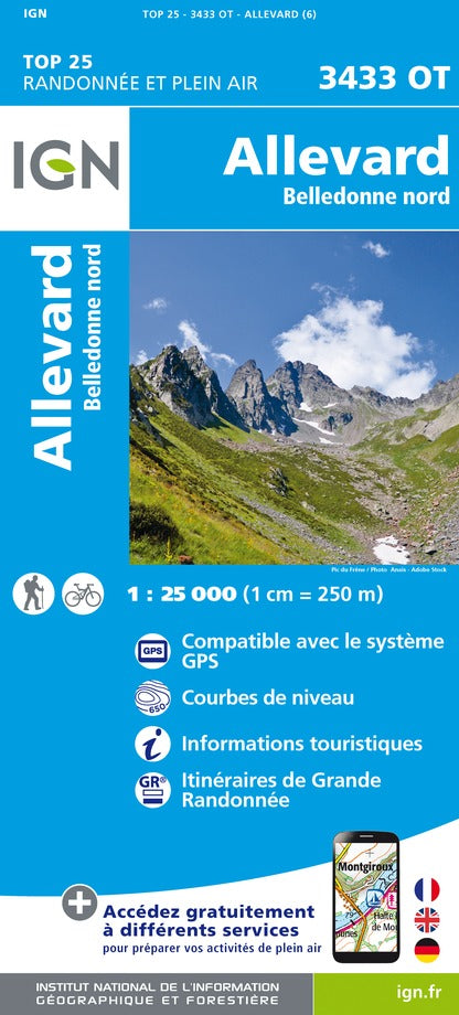 Carte TOP 25 n° 3433 OT - Allevard, Massif de Belledonne Nord (Alpes) | IGN carte pliée IGN 