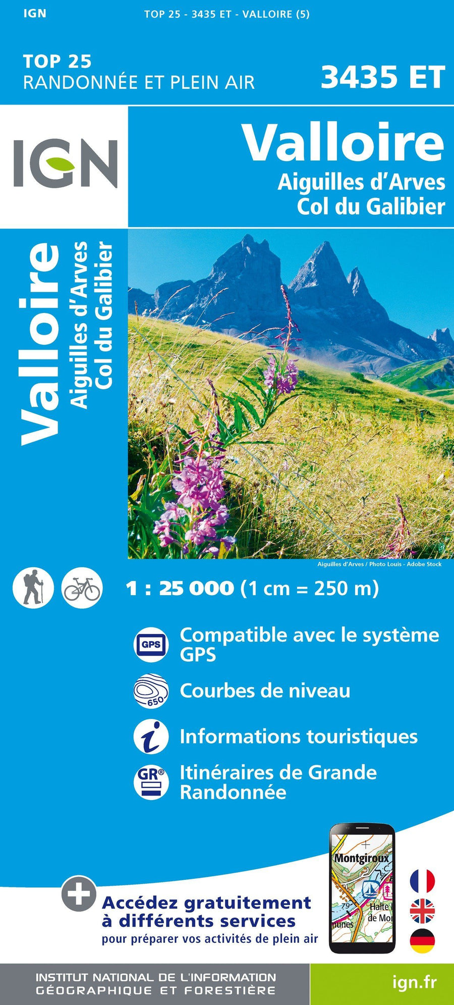 Carte TOP 25 n° 3435 ET - Valloire, Aiguilles d'Arves & Col du Galibier (Alpes) | IGN carte pliée IGN 