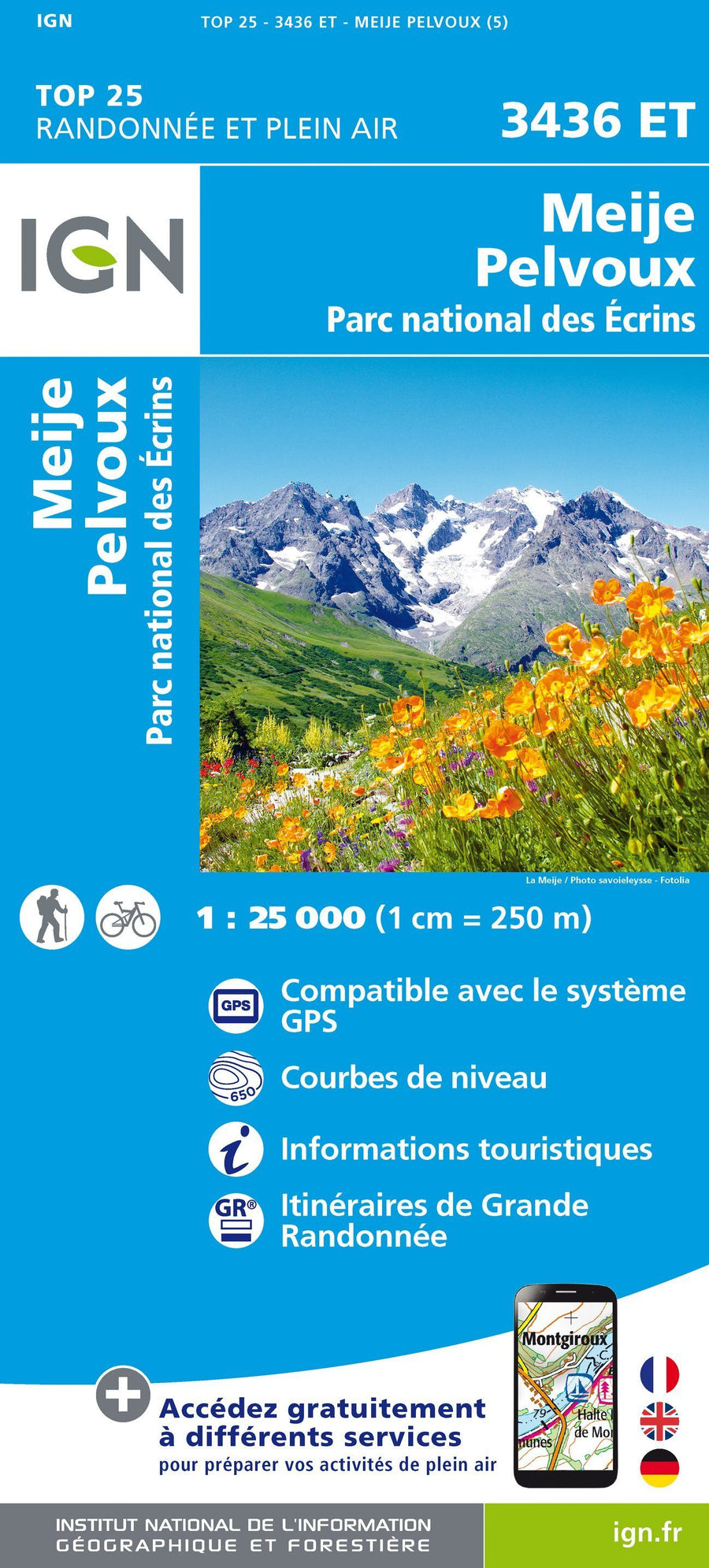 Carte TOP 25 n° 3436 ET - Meije, Mont Pelvoux (Parc National des Ecrins, Alpes) | IGN carte pliée IGN 