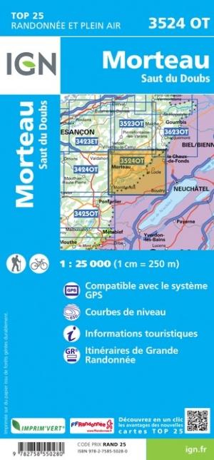 Carte TOP 25 n° 3524 OT - Morteau, Saut du Doubs | IGN carte pliée IGN 