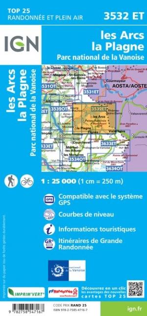 Carte TOP 25 n° 3532 ET - Les Arcs & La Plagne (PN de la Vanoise) | IGN carte pliée IGN 