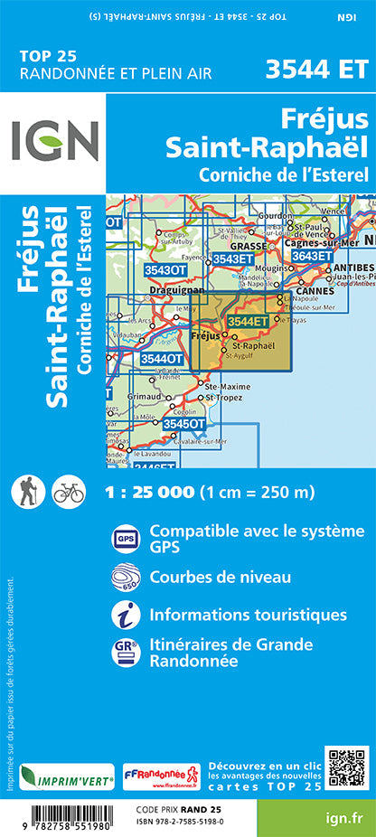 Carte TOP 25 n° 3544 ET - Fréjus, St-Raphaël, Corniche de l'Esterel | IGN carte pliée IGN 