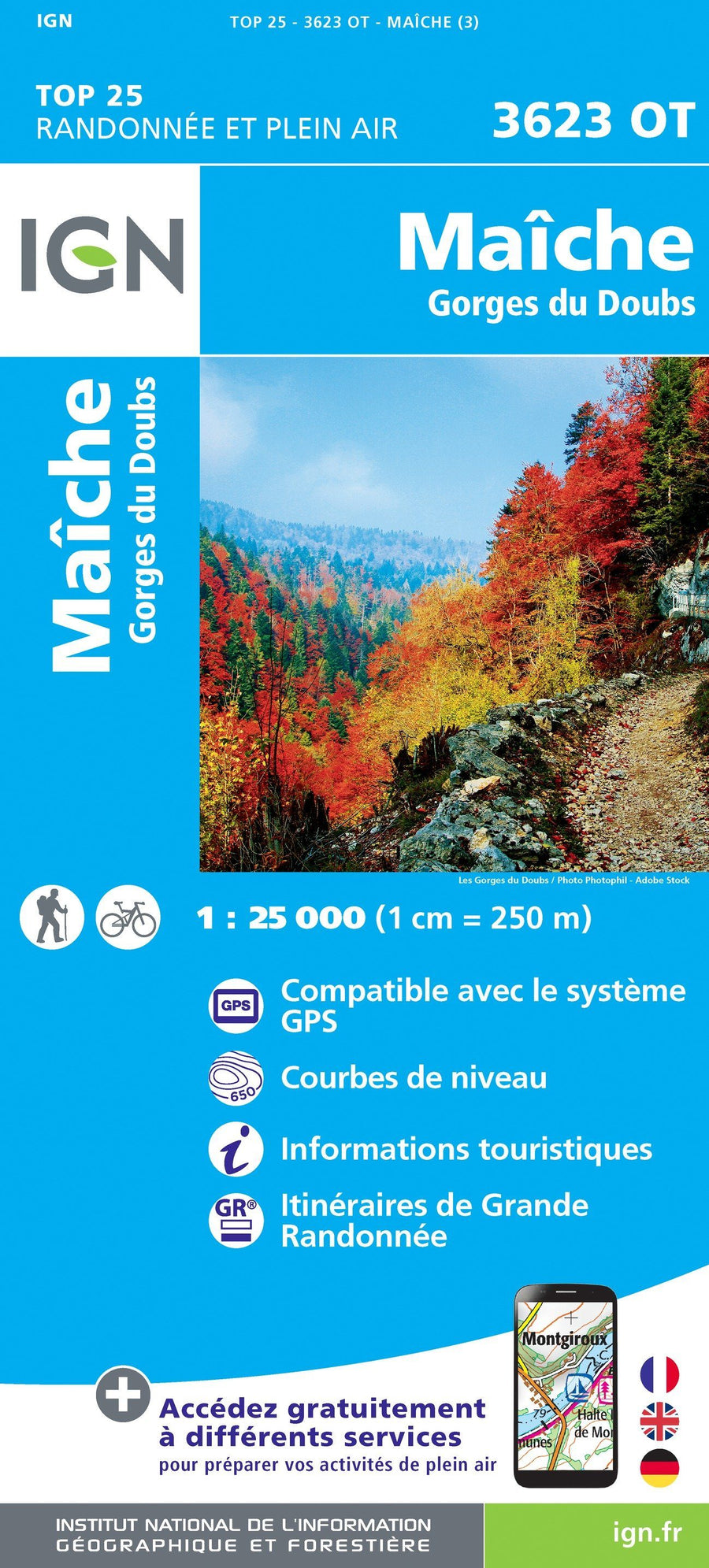 Carte TOP 25 n° 3623 OT - Maiche, Gorges du Doubs | IGN carte pliée IGN 