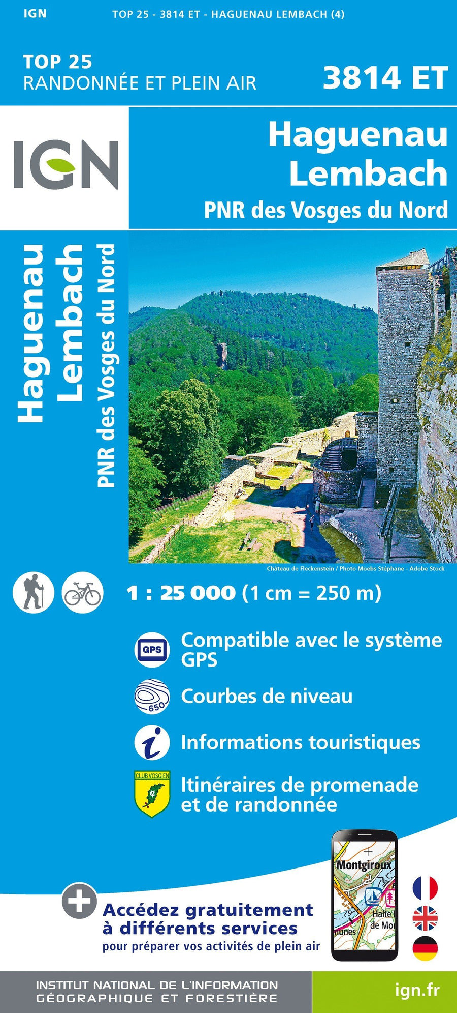 Carte TOP 25 n° 3814 ET - Haguenau, Lembach, PNR des Vosges du Nord | IGN carte pliée IGN 
