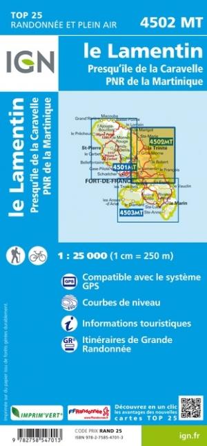 Carte TOP 25 n° 4502 MT - Martinique Centre (Le Lamentin, Presqu'île de la Caravelle) | IGN carte pliée IGN 