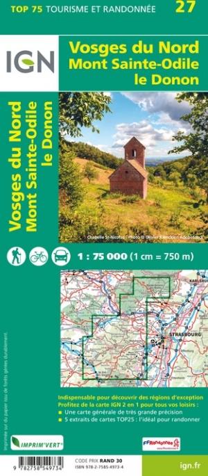 Carte TOP 75 n° 27 - Vosges du Nord, Mont Sainte Odile, Le Donon | IGN carte pliée IGN 
