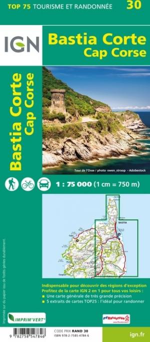Carte TOP 75 n° 30 - Bastia, Corte, Cap Corse (Corse) | IGN carte pliée IGN 