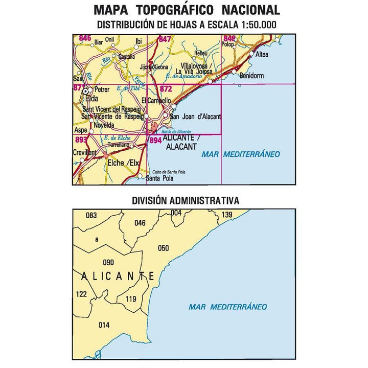 Carte topographique de l'Espagne - Alicante/Alacant, n° 0872 | CNIG - 1/50 000 carte pliée CNIG 
