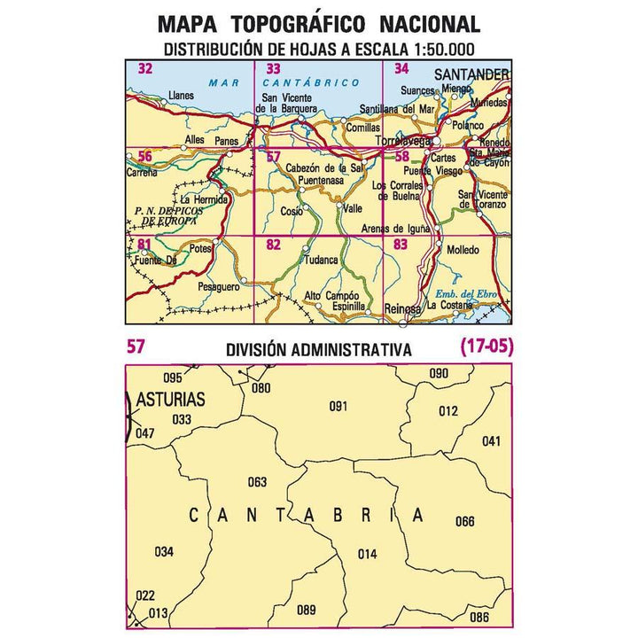 Carte topographique de l'Espagne - Cabezon de la Sal, n° 0057 | CNIG - 1/50 000 carte pliée CNIG 