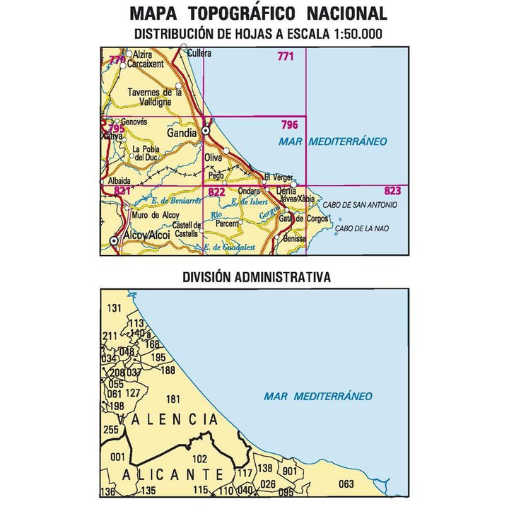 Carte topographique de l'Espagne - Gandía, n° 0796 | CNIG - 1/50 000 carte pliée CNIG 