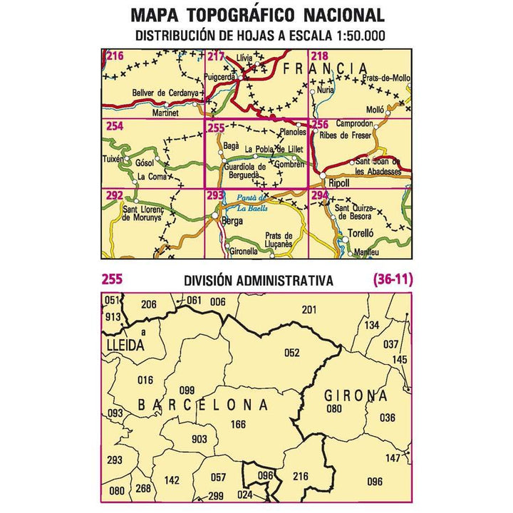 Carte topographique de l'Espagne - La Pobla de Lillet, n° 0255 | CNIG - 1/50 000 carte pliée CNIG 