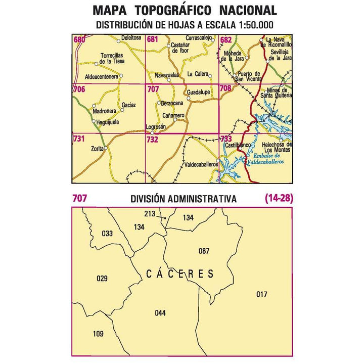 Carte topographique de l'Espagne - Logrosán, n° 0707 | CNIG - 1/50 000 carte pliée CNIG 