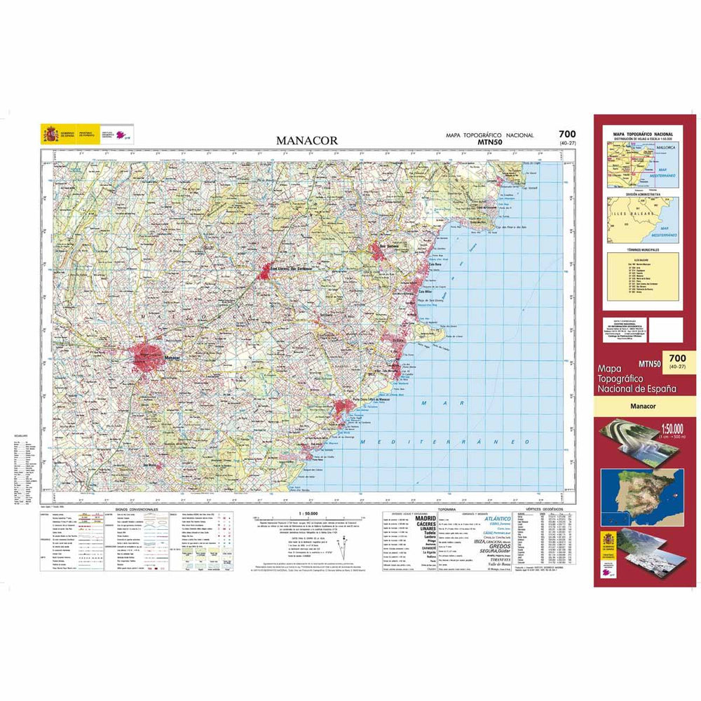 Carte topographique de l'Espagne - Manacor (Mallorca), n° 0700 | CNIG - 1/50 000 carte pliée CNIG 