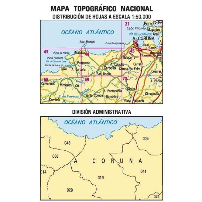 Carte topographique de l'Espagne n° 0044 - Carballo | CNIG - 1/50 000 carte pliée CNIG 