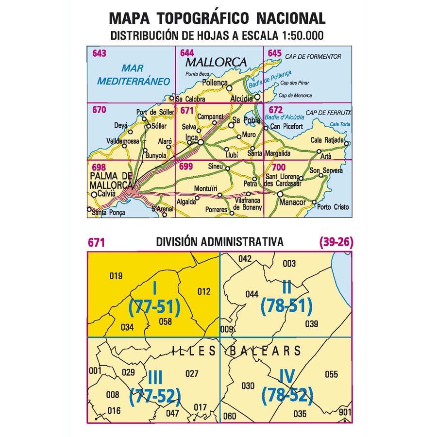 Carte topographique de l'Espagne n° 0671.1 - Selva (Mallorca) | CNIG - 1/25 000 carte pliée CNIG 