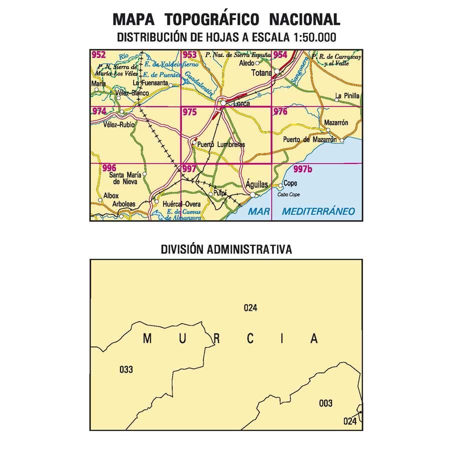 Carte topographique de l'Espagne - Puerto Lumbreras, n° 0975 | CNIG - 1/50 000 carte pliée CNIG 