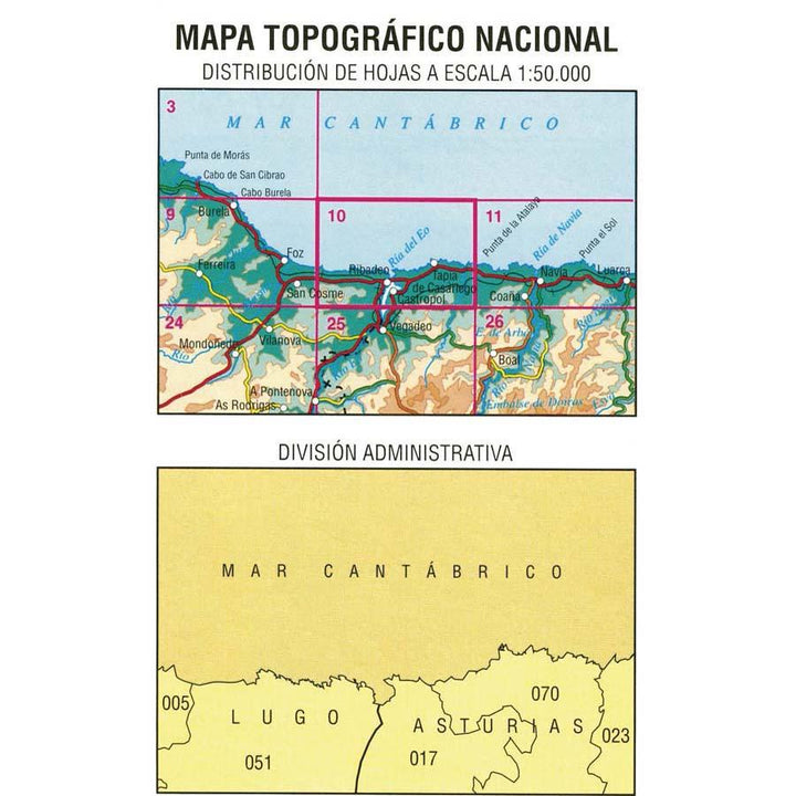 Carte topographique de l'Espagne - Ribadeo, n° 0010 | CNIG - 1/50 000 carte pliée CNIG 