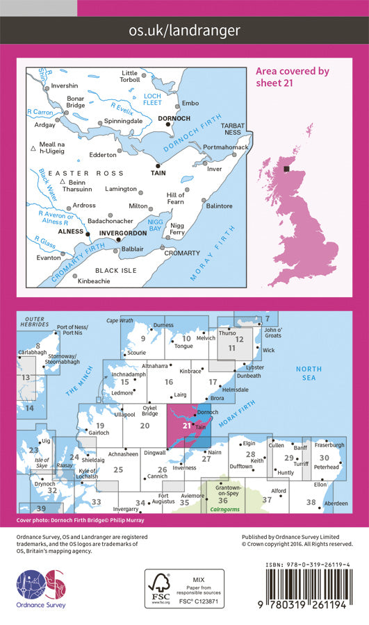 Carte topographique n° 021 - Dornoch, Alness (Grande Bretagne) | Ordnance Survey - Landranger carte pliée Ordnance Survey Papier 