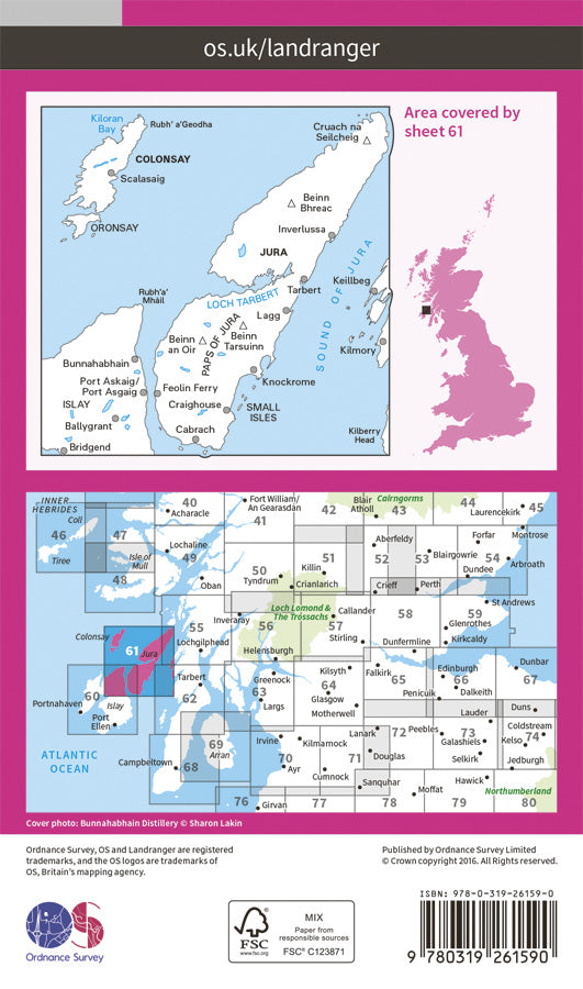 Carte topographique n° 061 - Jura, Colonsay (Grande Bretagne) | Ordnance Survey - Landranger carte pliée Ordnance Survey Papier 