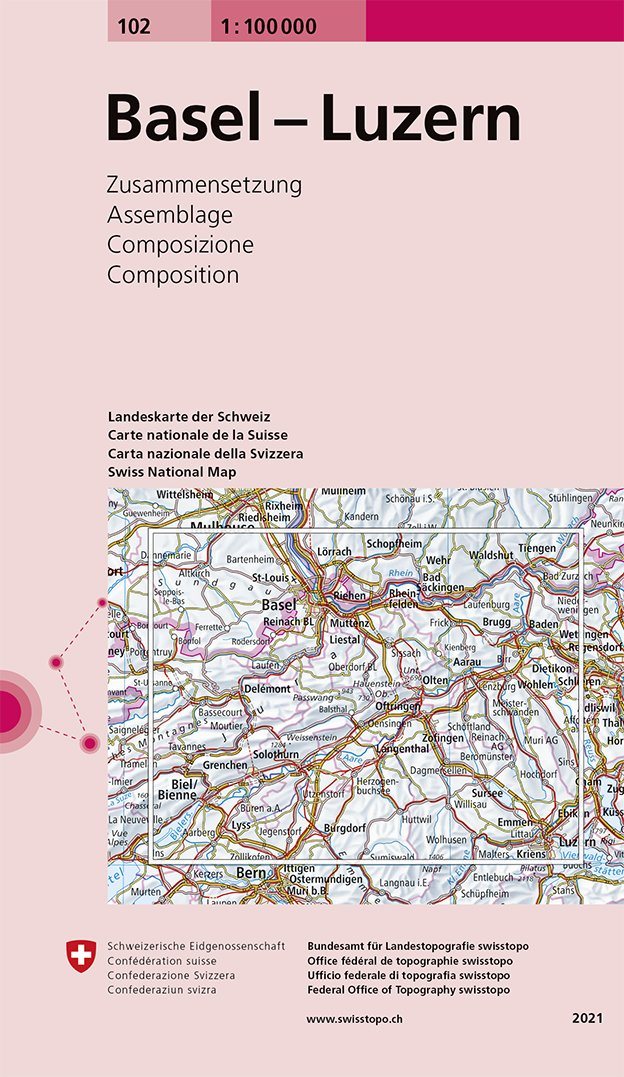 Carte topographique n° 102 - Basel, Luzern (Suisse) | Swisstopo - 1/100 000 carte pliée Swisstopo 