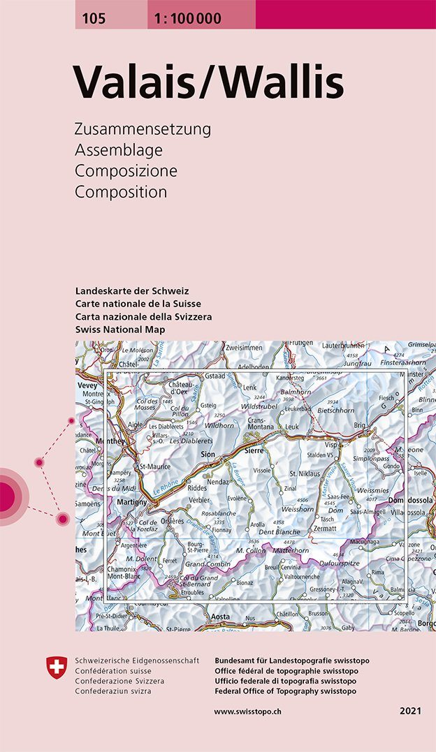 Carte topographique n° 105 - Valais, Wallis (Suisse) | Swisstopo - 1/100 000 carte pliée Swisstopo 