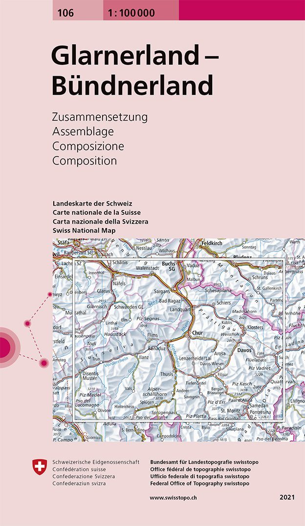 Carte topographique n° 106 - Glarnerland, Bündnerland (Suisse) | Swisstopo - 1/100 000 carte pliée Swisstopo 