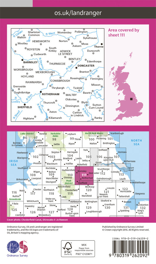 Carte topographique n° 111 - Sheffield, Doncaster, Rotherham, Barnsley, Thorne (Grande Bretagne) | Ordnance Survey - Landranger carte pliée Ordnance Survey Papier 