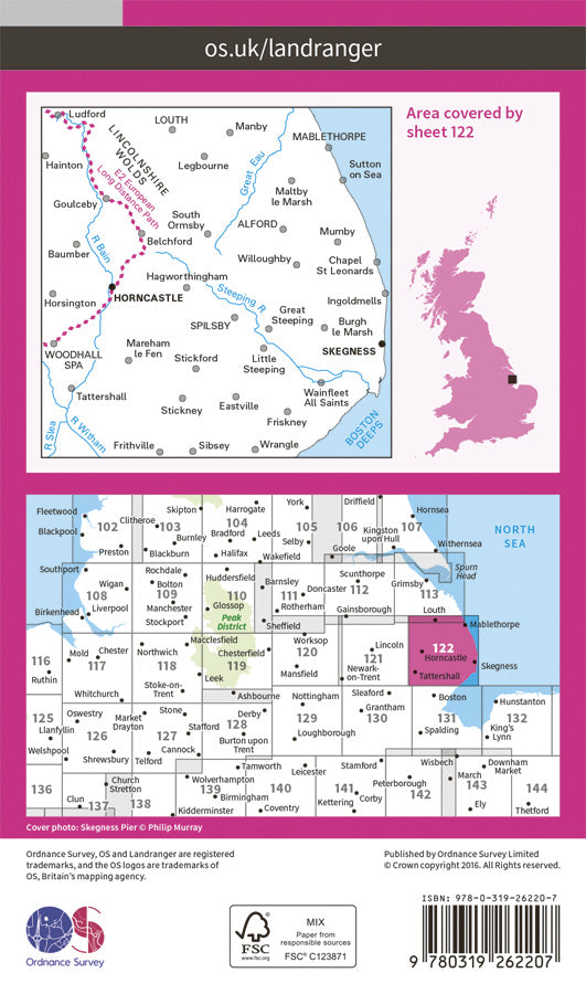 Carte topographique n° 122 - Skegness, Horncastle (Grande Bretagne) | Ordnance Survey - Landranger carte pliée Ordnance Survey Papier 