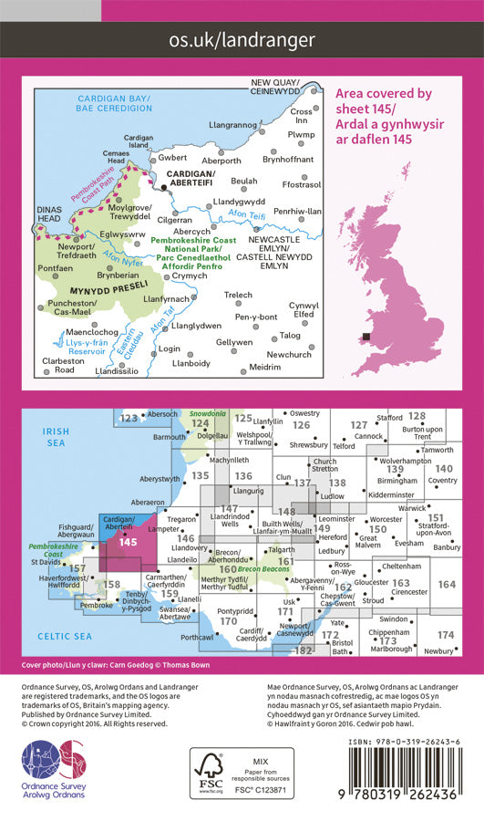 Carte topographique n° 145 - Cardigan, Mynydd Preseli (Grande Bretagne) | Ordnance Survey - Landranger carte pliée Ordnance Survey Papier 