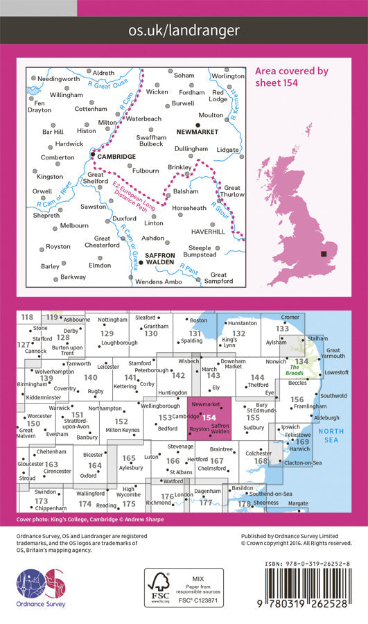 Carte topographique n° 154 - Cambridge, Newmarket, Saffron Walden (Grande Bretagne) | Ordnance Survey - Landranger carte pliée Ordnance Survey Papier 