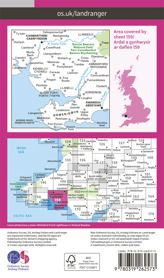 Carte topographique n° 159 - Swansea, Gower (Grande Bretagne) | Ordnance Survey - Landranger carte pliée Ordnance Survey Papier 