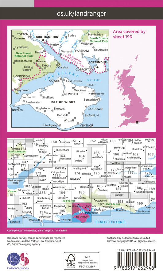 Carte topographique n° 196 - The Solent, Isle of Wight (Grande Bretagne) | Ordnance Survey - Landranger carte pliée Ordnance Survey Papier 
