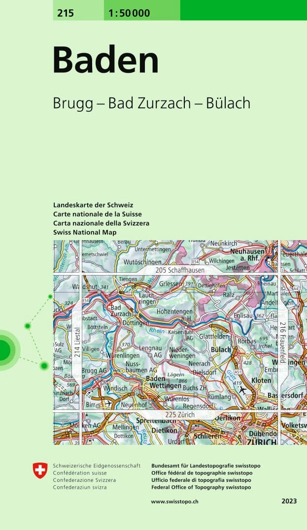 Carte topographique n° 215 - Baden (Suisse) | Swisstopo - 1/50 000 carte pliée Swisstopo 