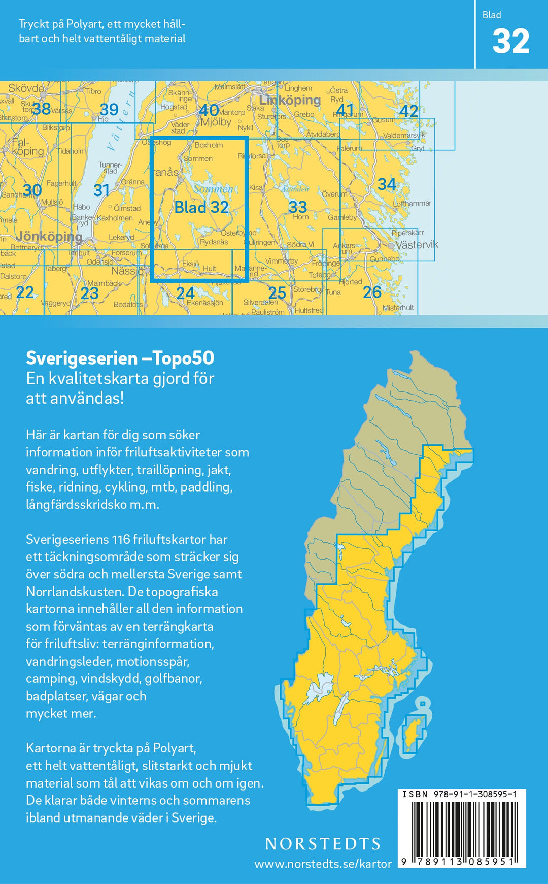 Carte topographique n° 32 - Tranås (Suède) | Norstedts - Sverigeserien carte pliée Norstedts 