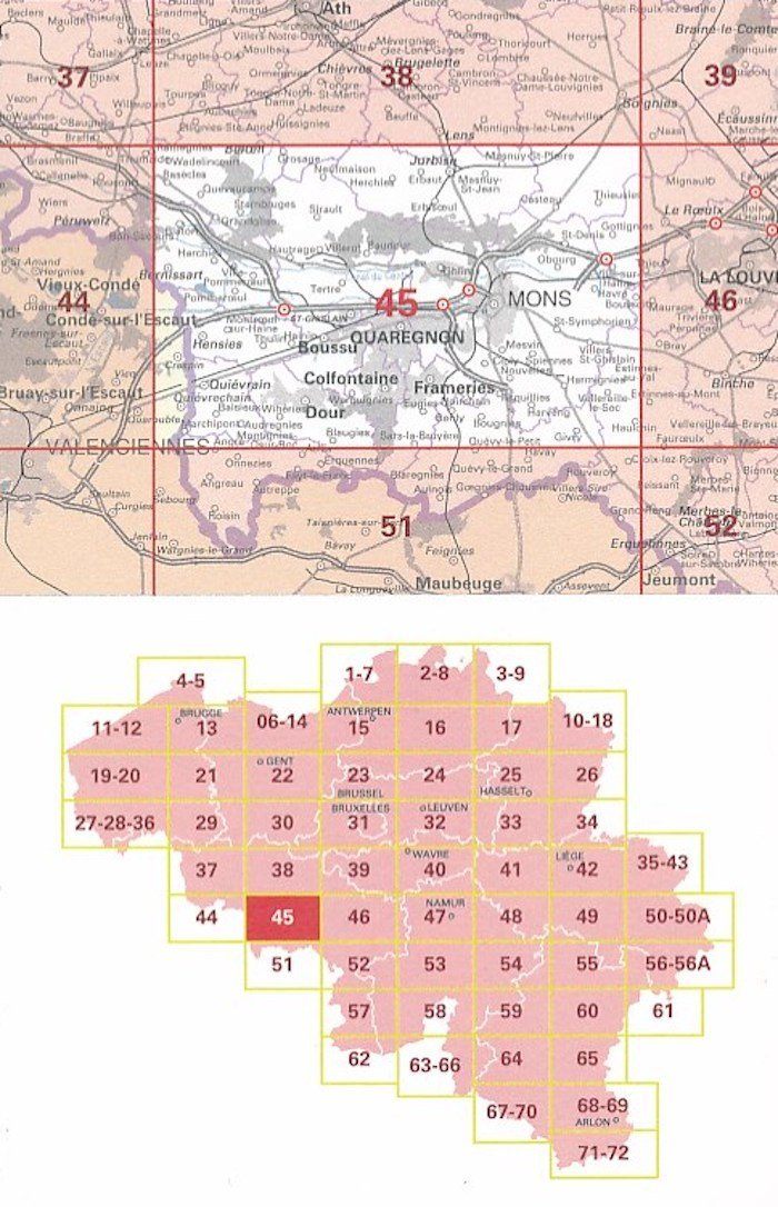 Carte topographique n° 45 - Mons (Belgique) | NGI - 1/50 000 carte pliée IGN Belgique 