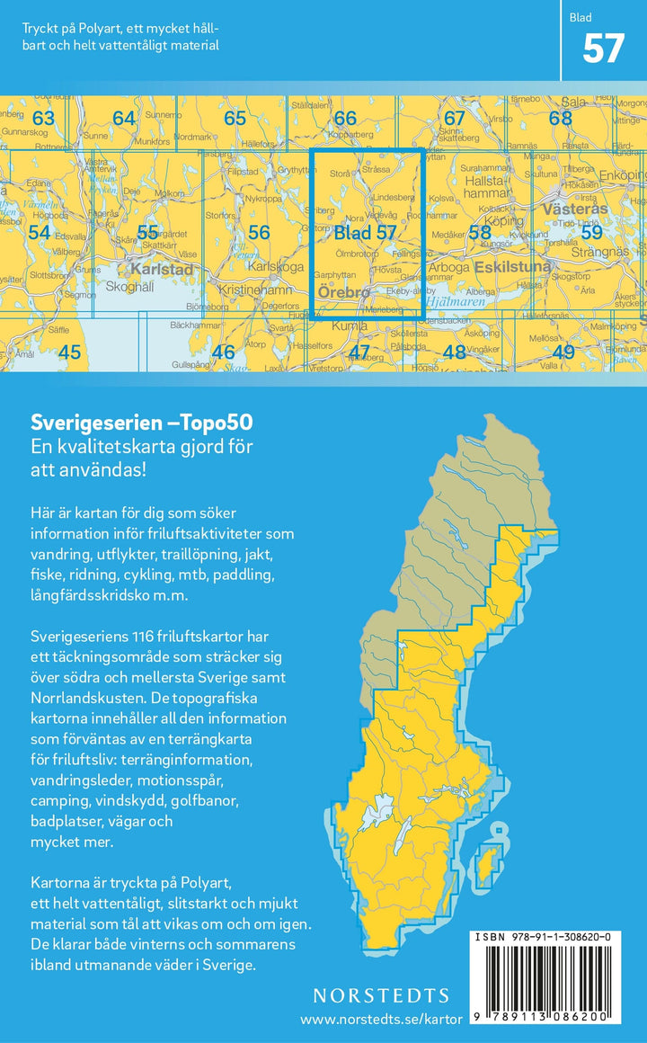 Carte topographique n° 57 - Örebro (Suède) | Norstedts - Sverigeserien carte pliée Norstedts 