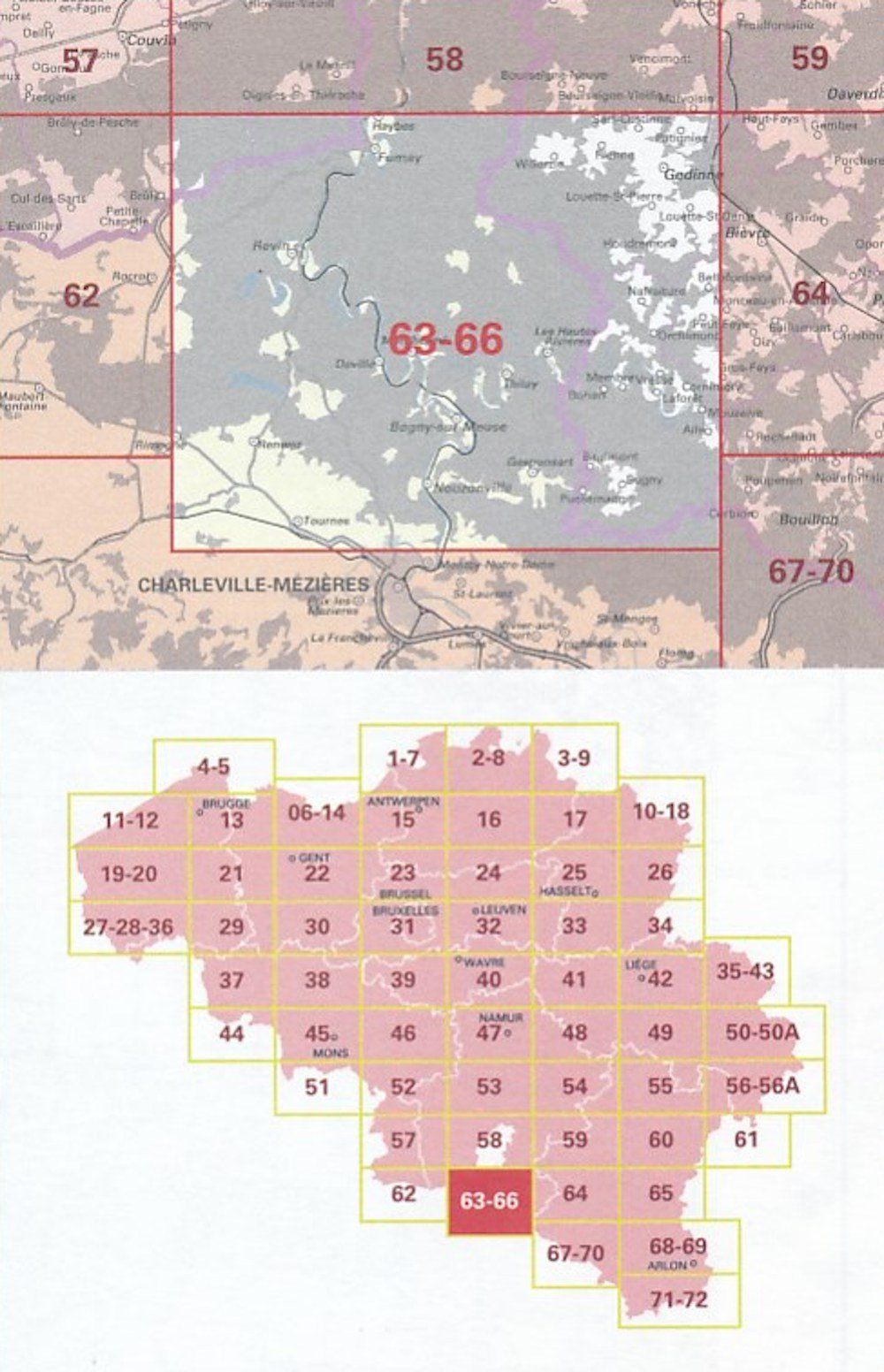 Carte topographique n° 63-66 - Gedinne (Belgique) | IGN belge - 1/50 000 carte pliée IGN Belgique 