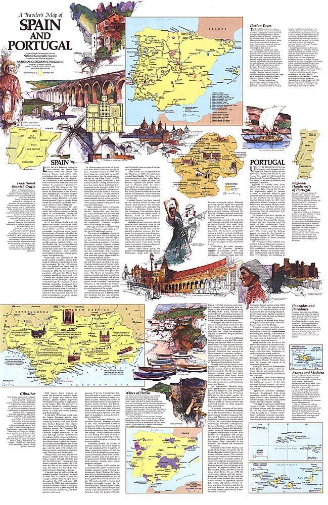 1984 Travelers Map of Spain and Portugal Theme Wall Map 