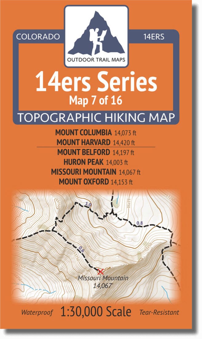 Colorado 14ers Map Series 7 of 16 - Columbia, Harvard | Belford, Huron, Missouri, Oxford | Outdoor Trail Maps LLC carte pliée 