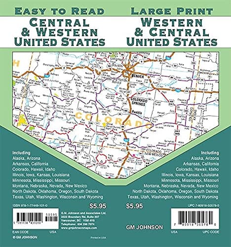 États-Unis, Ouest et Centre, Gros caractères | GM Johnson carte pliée GM Johnson 