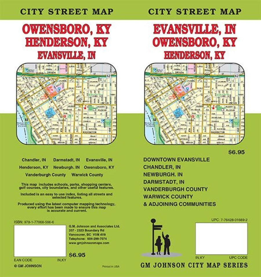 Evansville, IN : Owensboro, KY : Henderson, KY : city street map = Owensboro, KY : Henderson, KY : Evansville, IN : city street map | GM Johnson carte pliée 