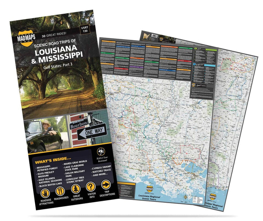 Scenic road trips of Louisiana & Mississippi | MAD Maps carte pliée 